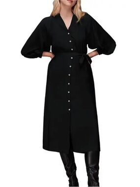 Whistles Black Button-Front Midi Dress